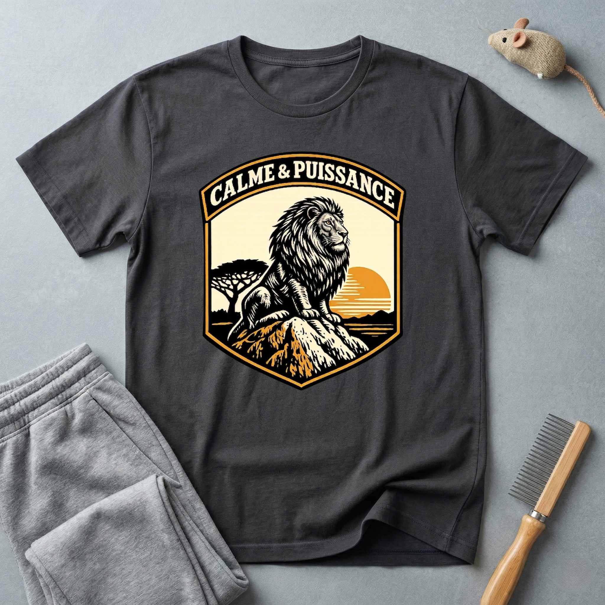 T-shirt graphique Lion «Calme & Puissance» — T-shirt vintage safari au coucher de soleil