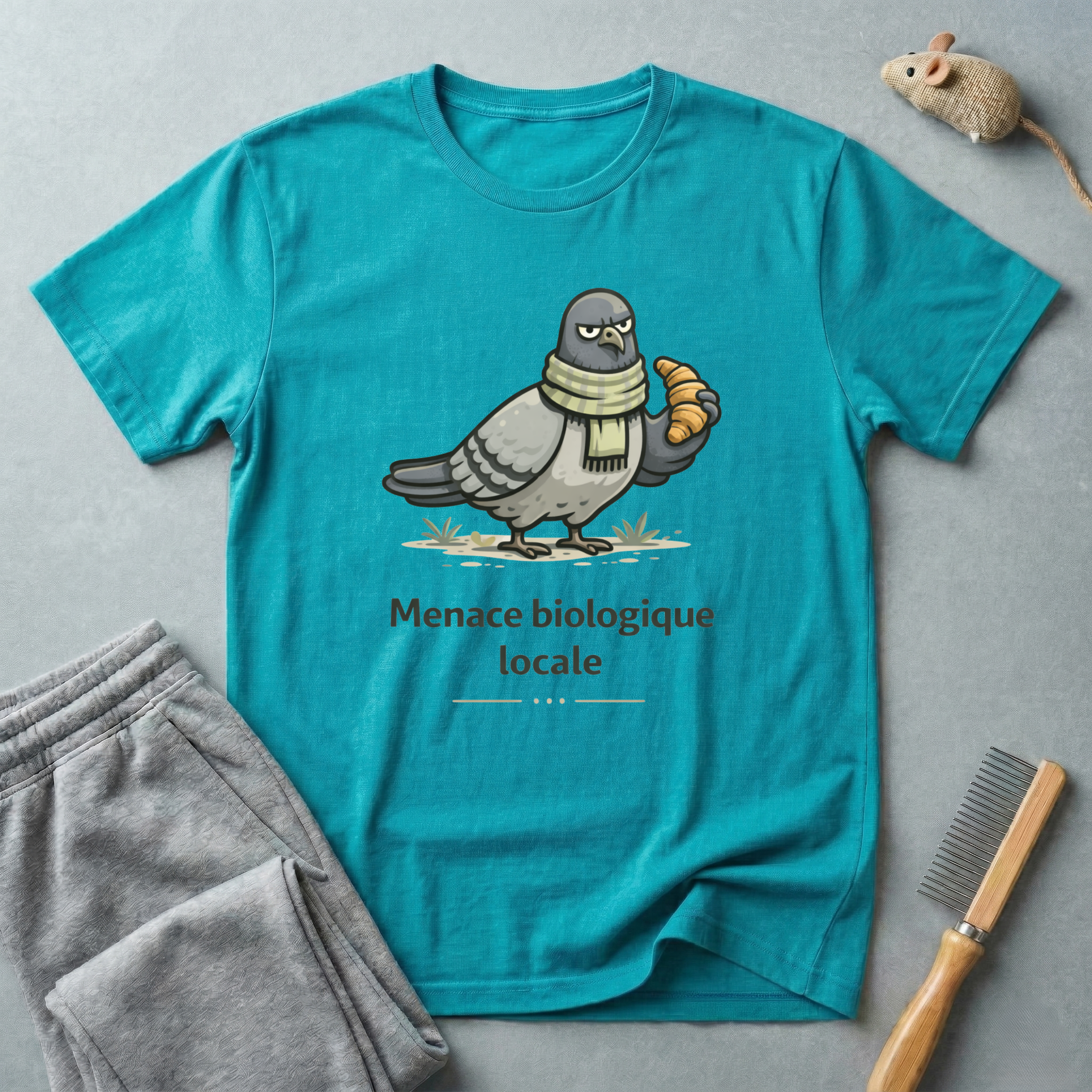 T-Shirt — "Menace biologique locale" Pigeon avec une écharpe et un croissant