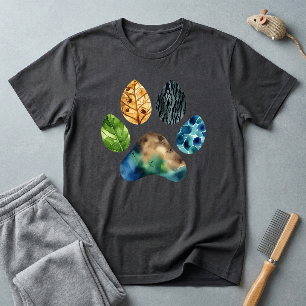 T-shirt empreinte de patte nature — motif coloré de patte en feuilles et pierres