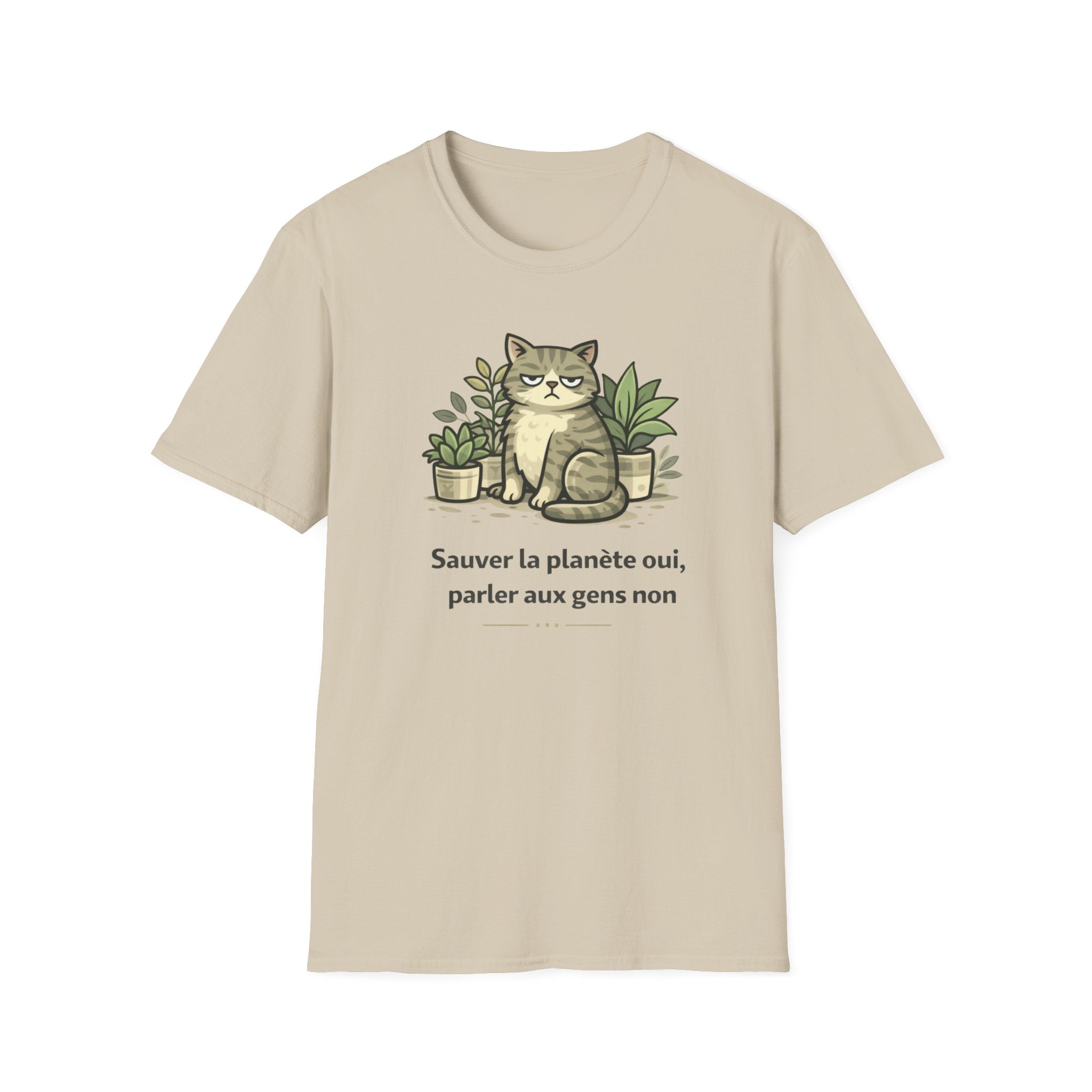 Cat & Plants T‑Shirt — "Sauver la planète oui, parler aux gens non" Eco Cat Graphic Tee