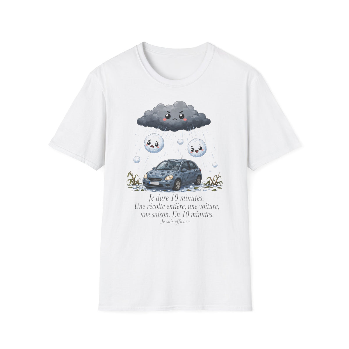 T-shirt — Nuage de pluie mignon avec gouttes de pluie tristes et voiture — Illustration météo drôle et adorable