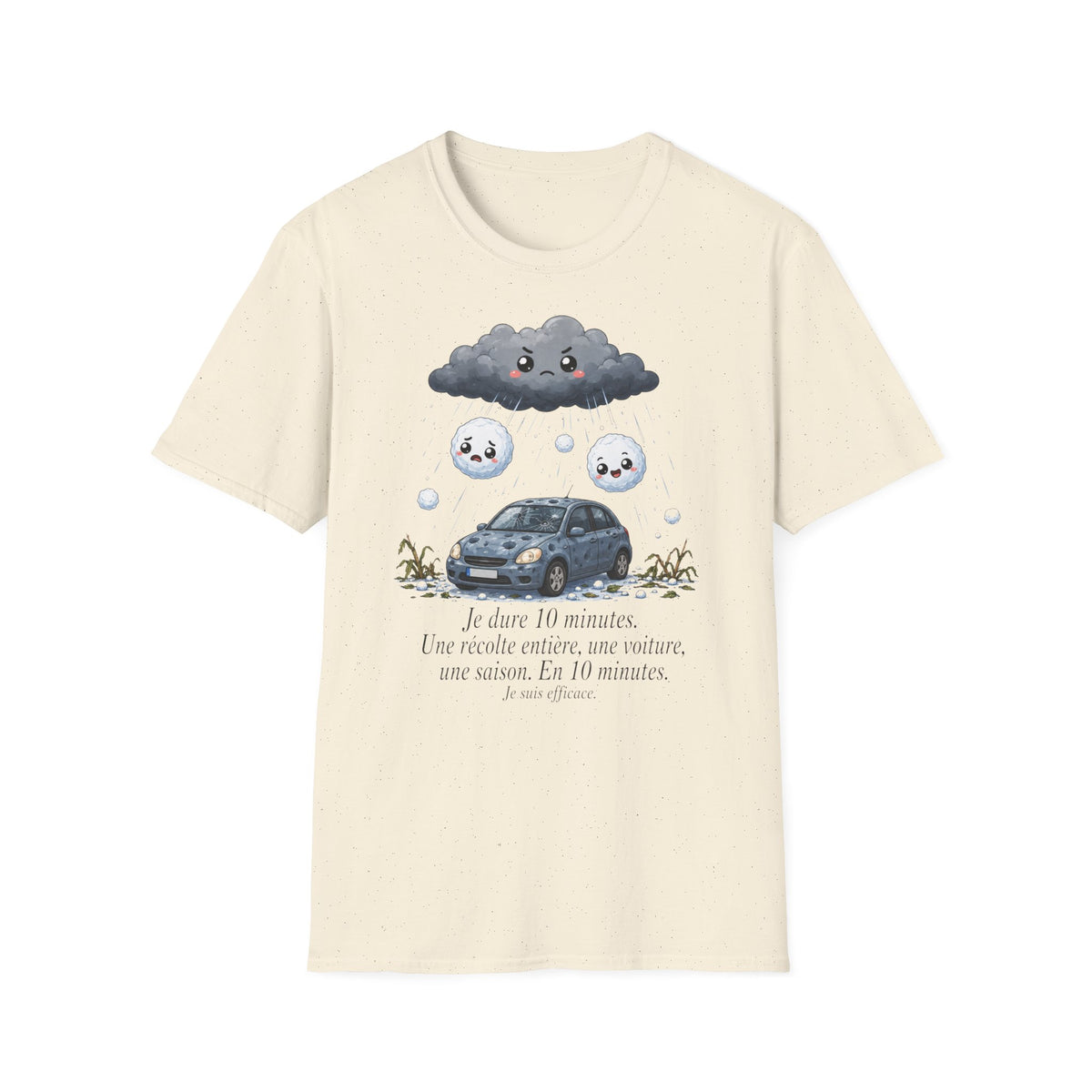 T-shirt — Nuage de pluie mignon avec gouttes de pluie tristes et voiture — Illustration météo drôle et adorable