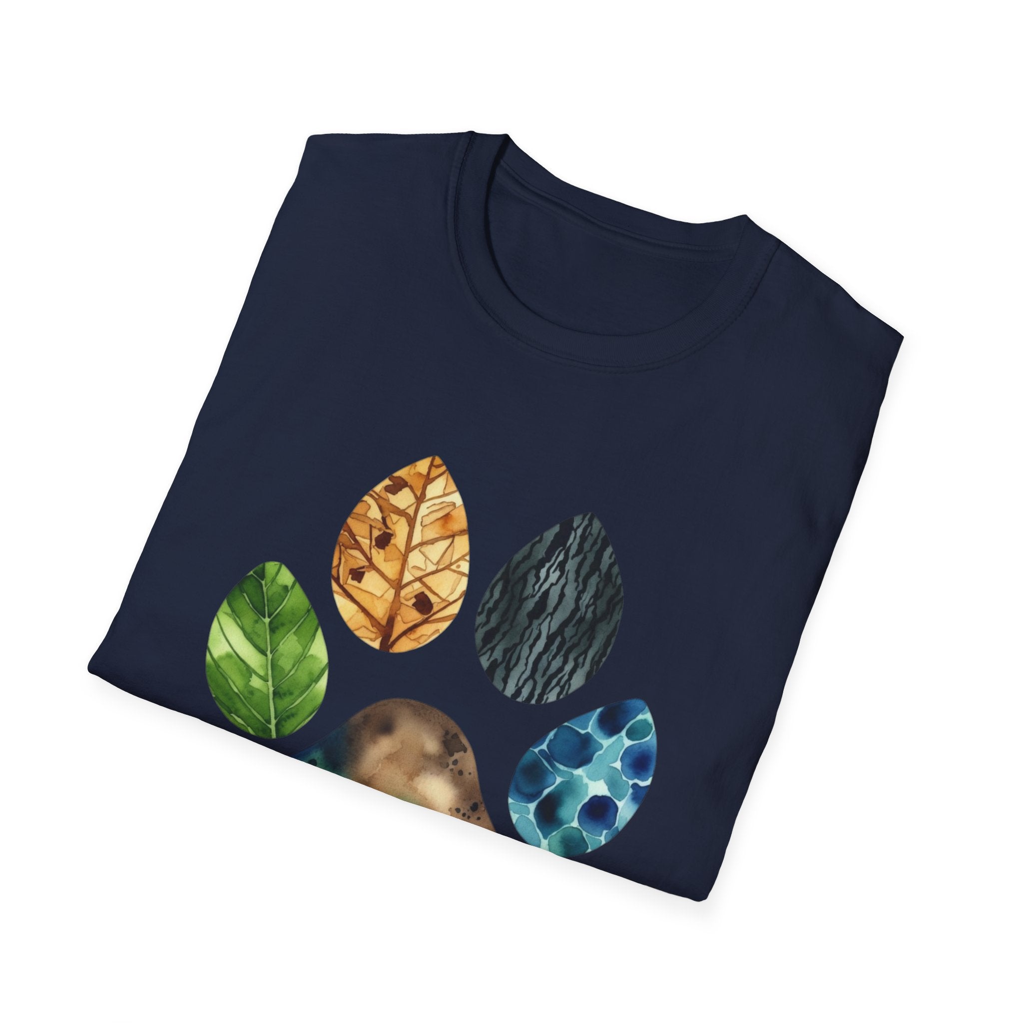 Nature Paw Print T-Shirt — Colorful Leaf & Stone Paw Design