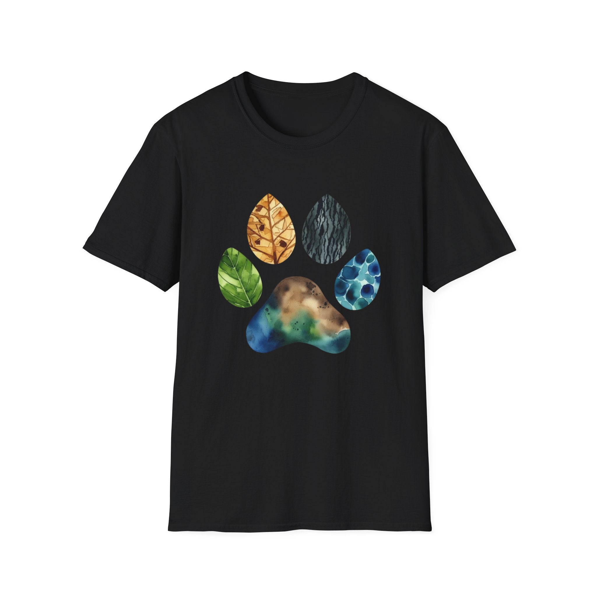Nature Paw Print T-Shirt — Colorful Leaf & Stone Paw Design