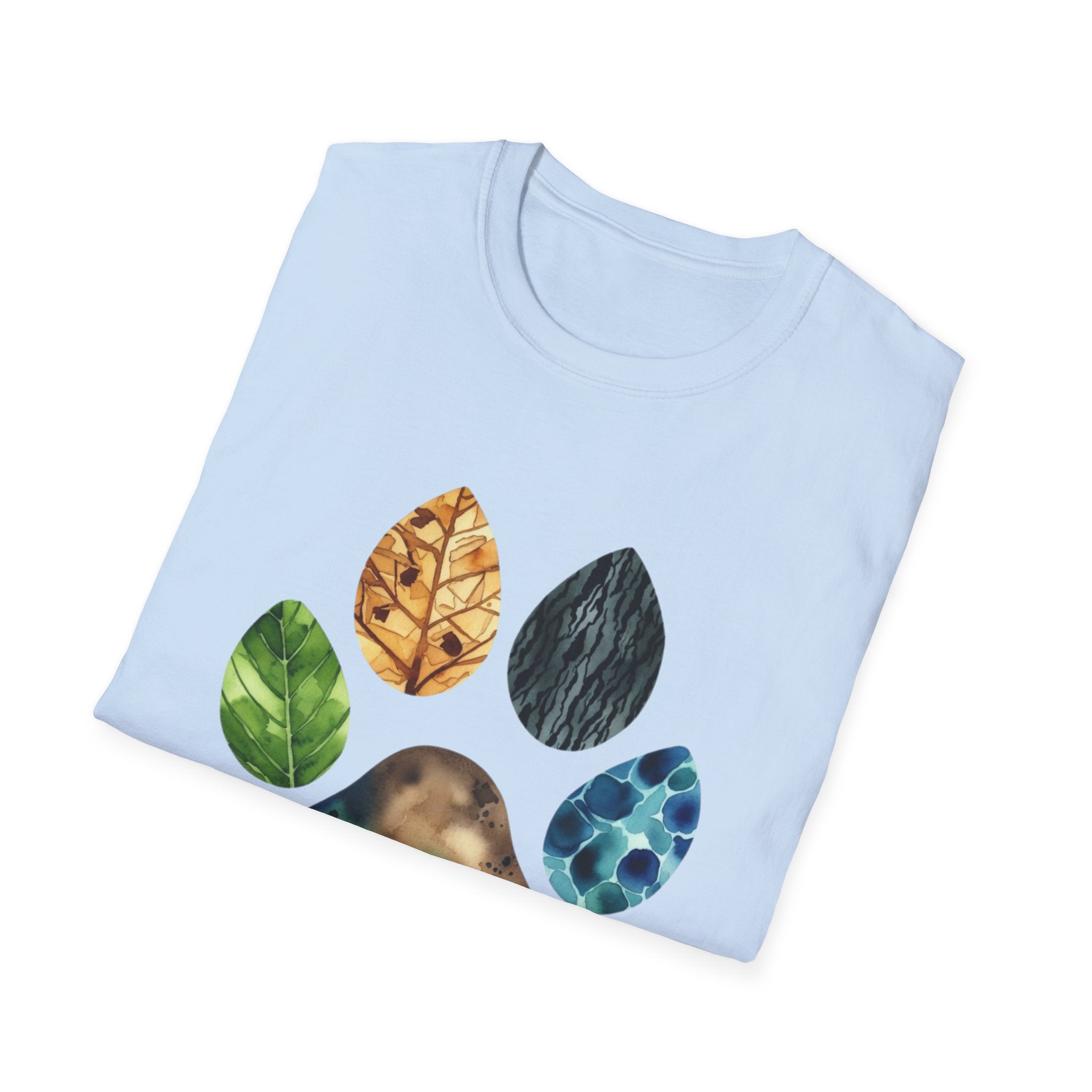 Nature Paw Print T-Shirt — Colorful Leaf & Stone Paw Design