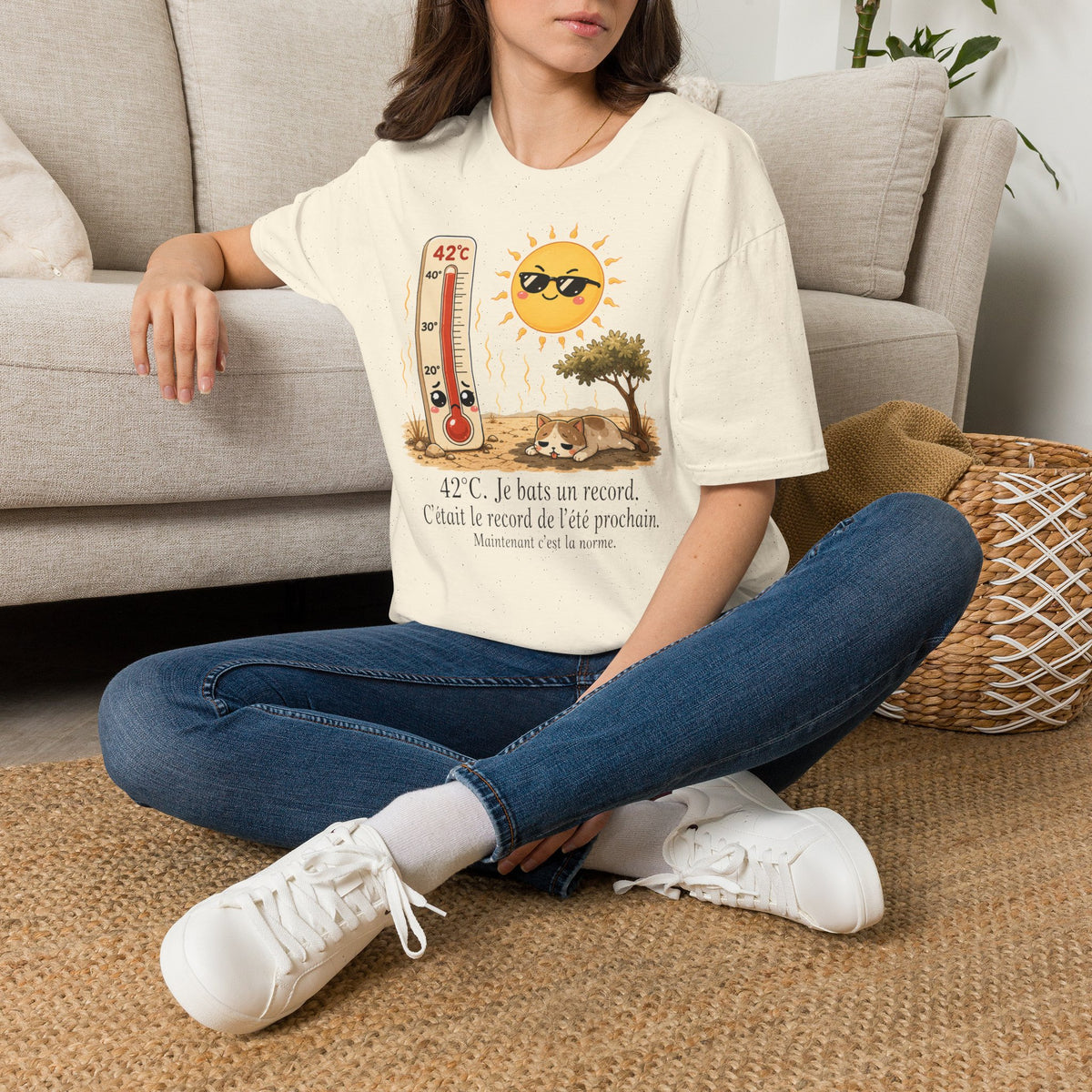 T-shirt graphique « Canicule » — Design thermomètre ensoleillé affichant 42 °C