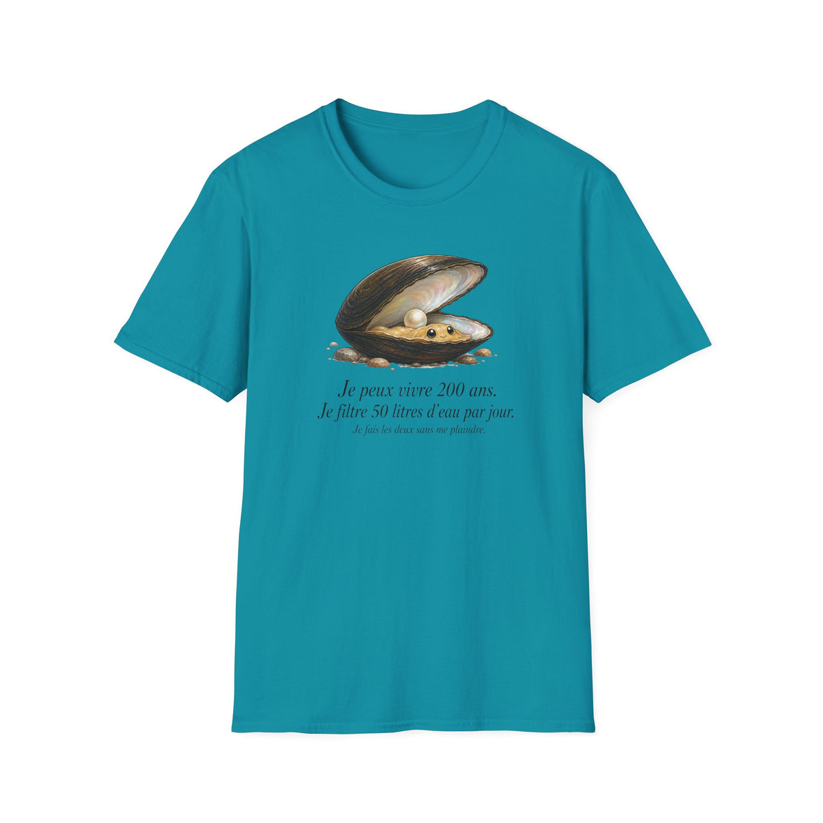 T-shirt — Illustration vintage de moule perlière avec la phrase française « Je peux vivre 200 ans »