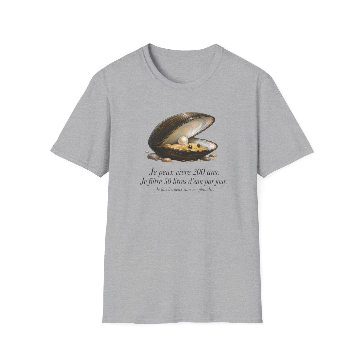 T-shirt — Illustration vintage de moule perlière avec la phrase française « Je peux vivre 200 ans »