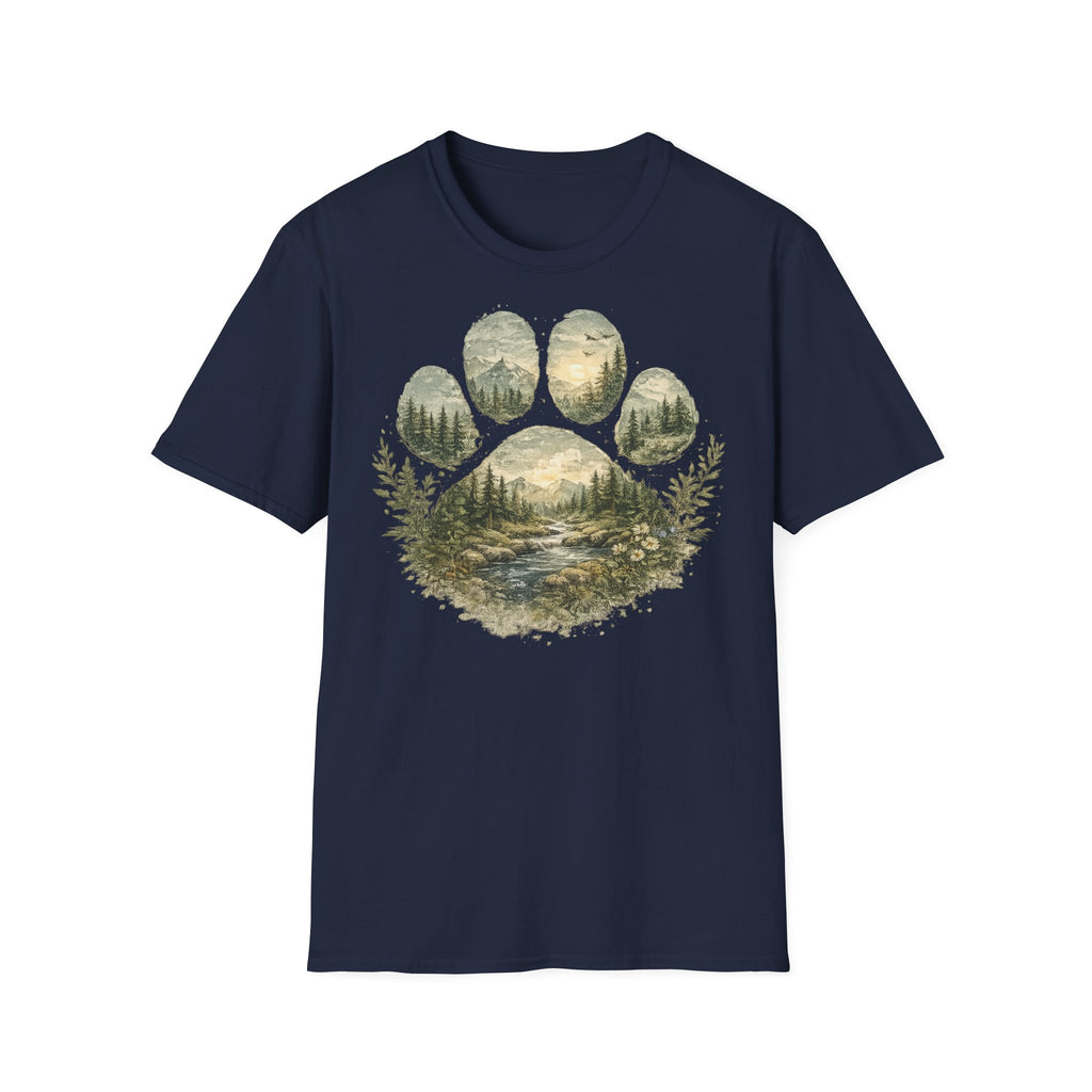 Wild Paw Landscape T-Shirt — Mountain Forest Paw Print Nature Tee