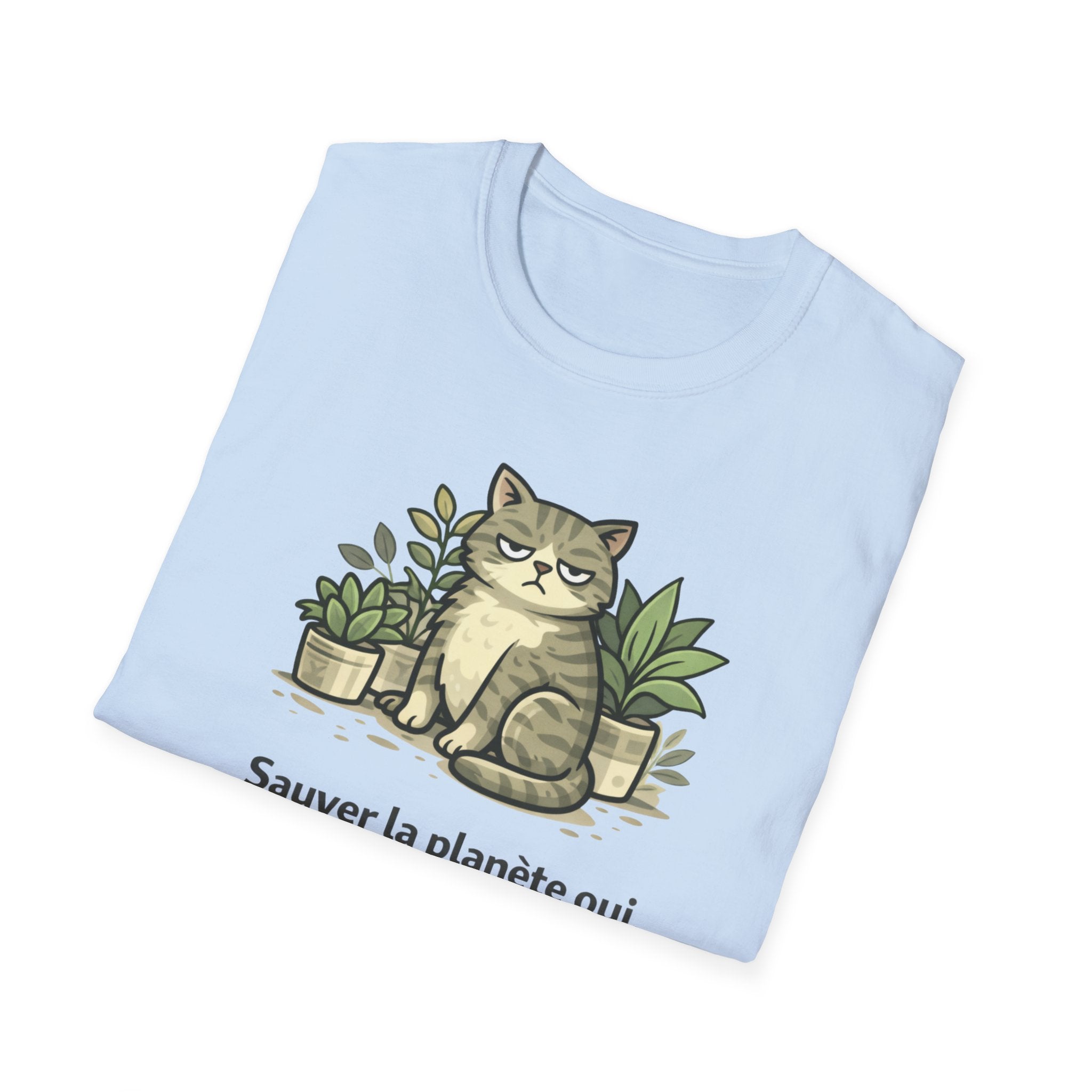 Cat & Plants T‑Shirt — "Sauver la planète oui, parler aux gens non" Eco Cat Graphic Tee