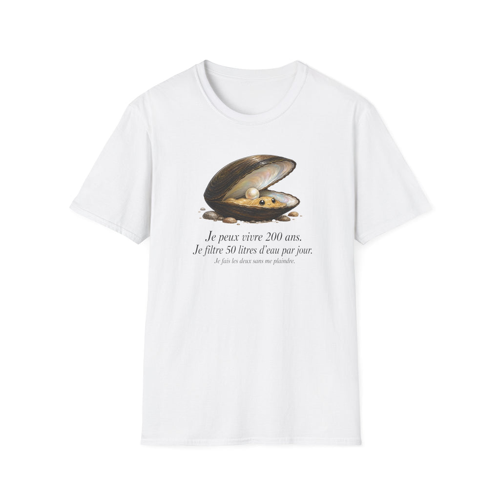T-shirt — Illustration vintage de moule perlière avec la phrase française « Je peux vivre 200 ans »