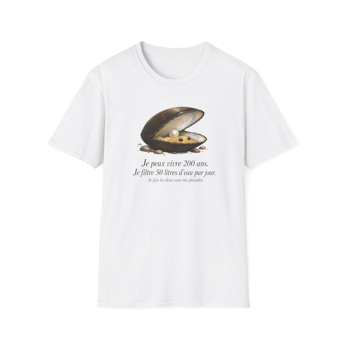T-shirt — Illustration vintage de moule perlière avec la phrase française « Je peux vivre 200 ans »