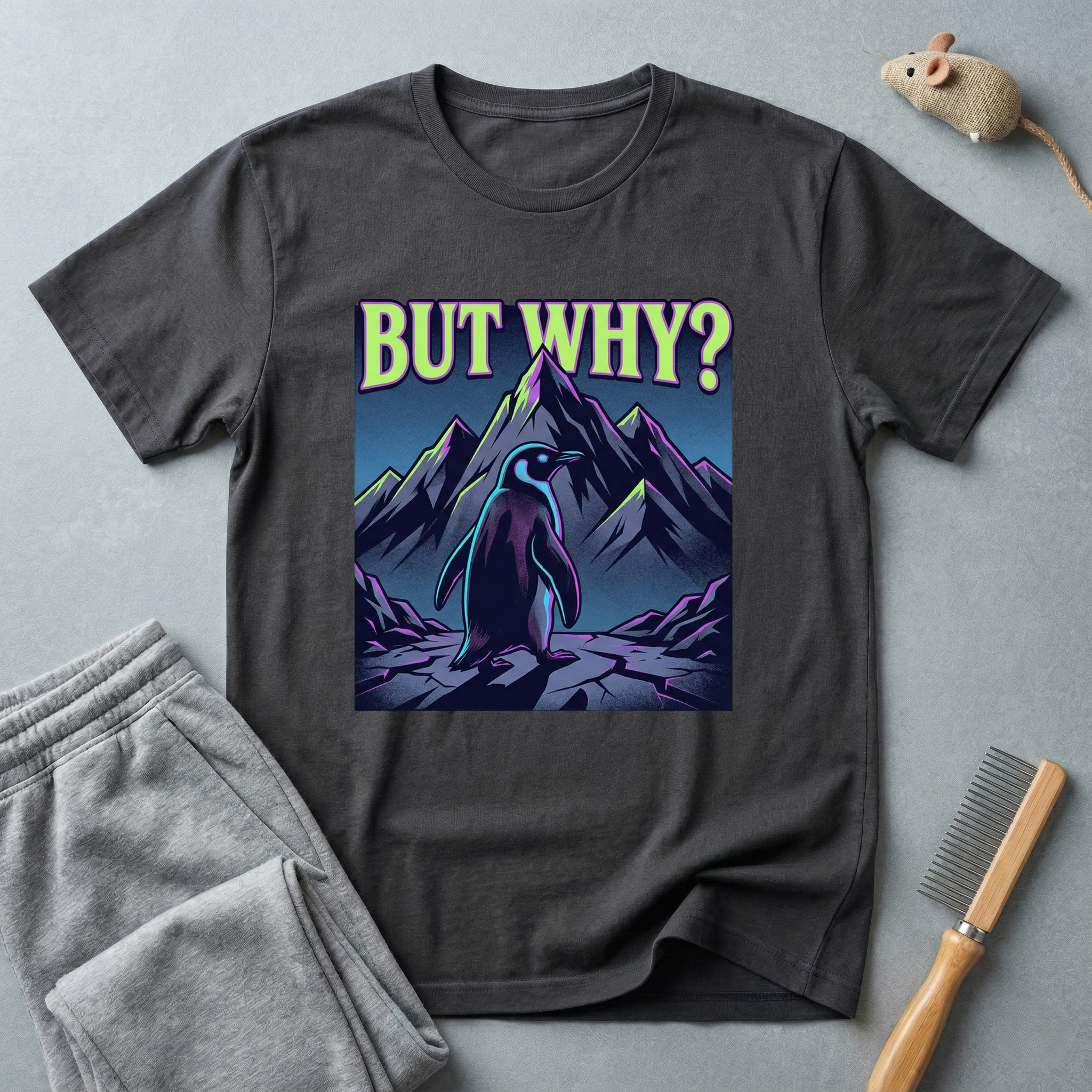 T-shirt — Silhouette de montagne minimaliste avec motif pingouin «But Why»