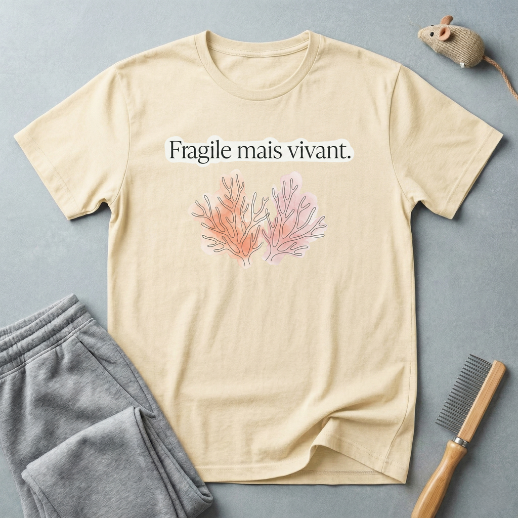 T-shirt floral « Fragile mais vivant. » — T-shirt citation française avec illustration botanique pastel
