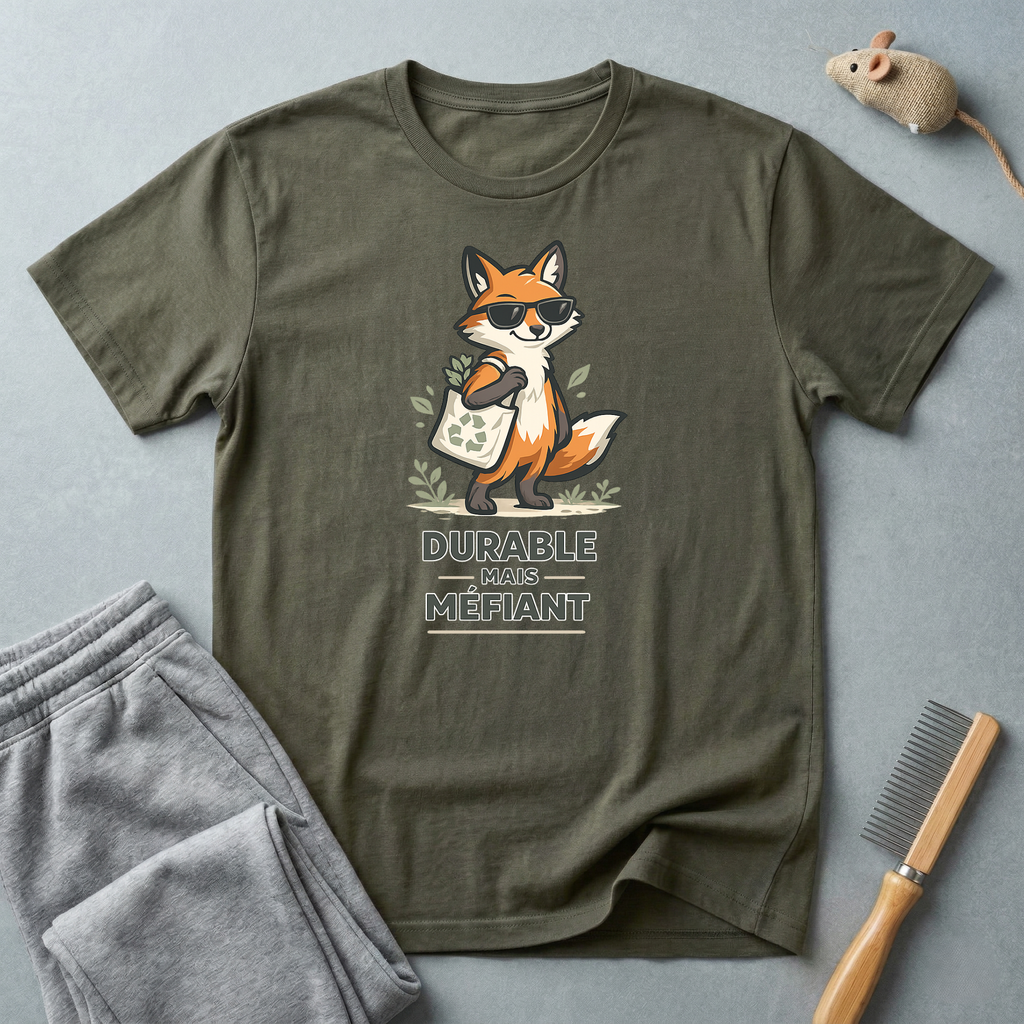T-shirt illustration de renard — "Durable Mais Méfiant"