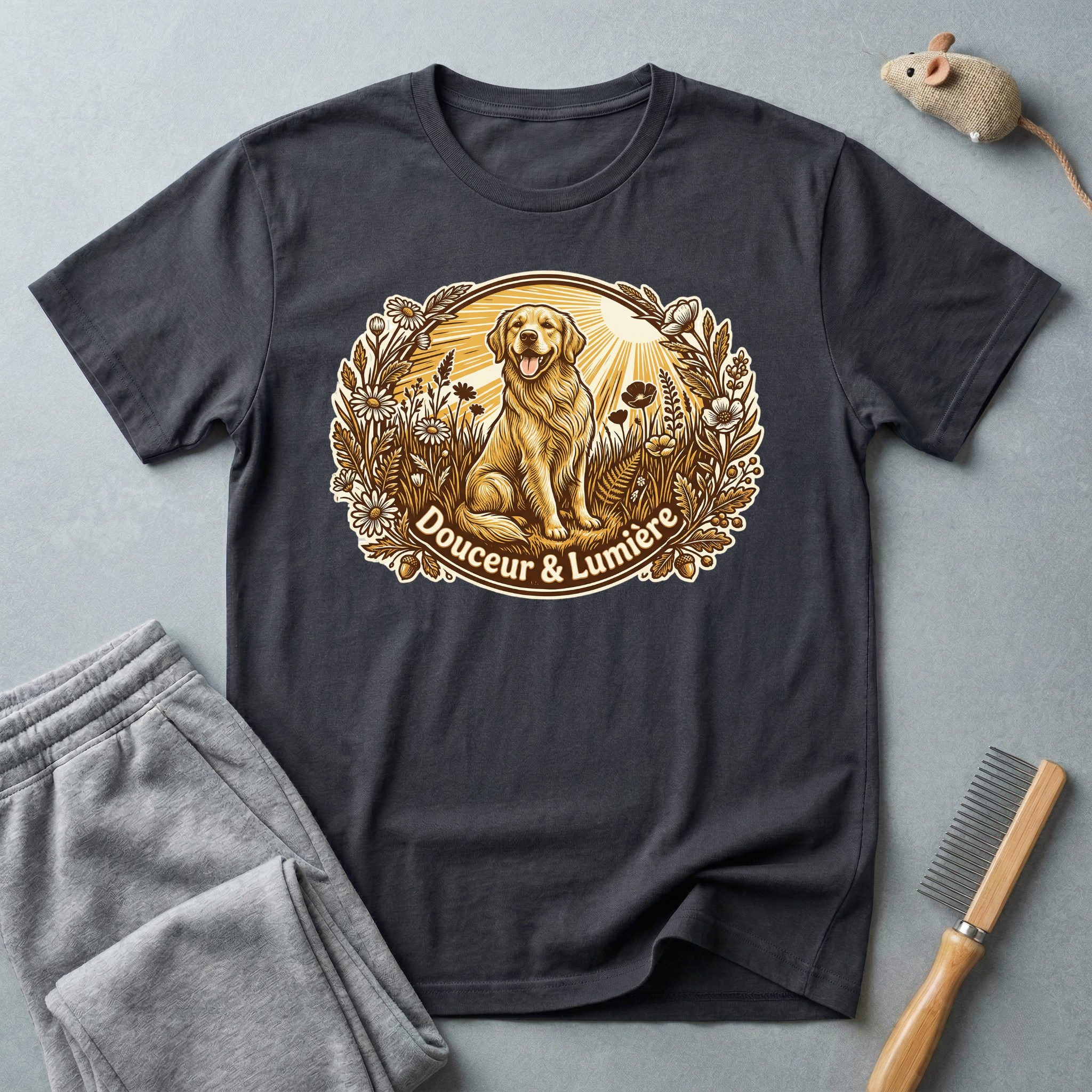 T-shirt Golden Retriever floral — T-shirt graphique chien vintage «Douceur & Lumière»