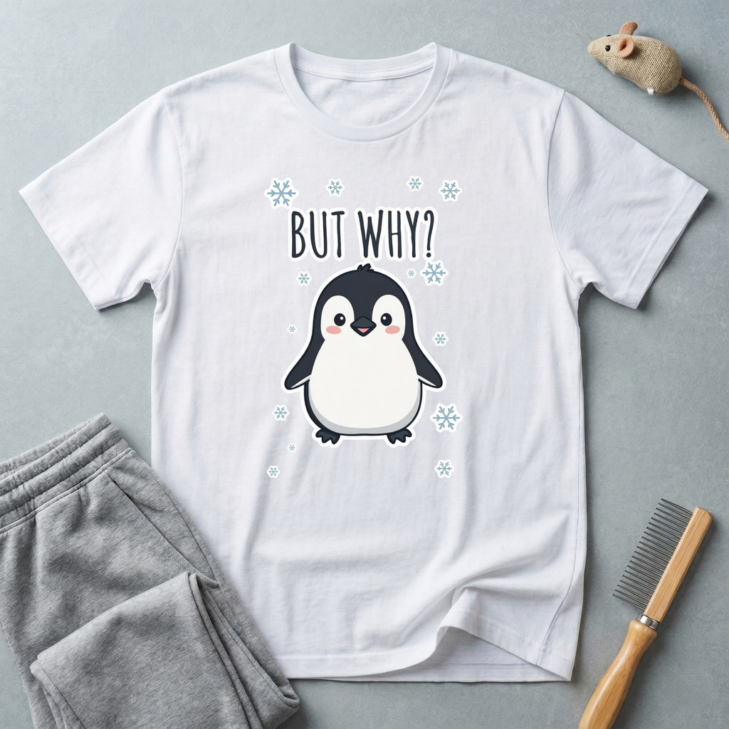 T-shirt pingouin «But Why?» — T-shirt graphique d’hiver mignon