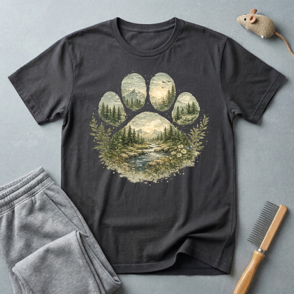 T-shirt paysage «Patte sauvage» — T-shirt nature avec empreinte de patte en forêt de montagne