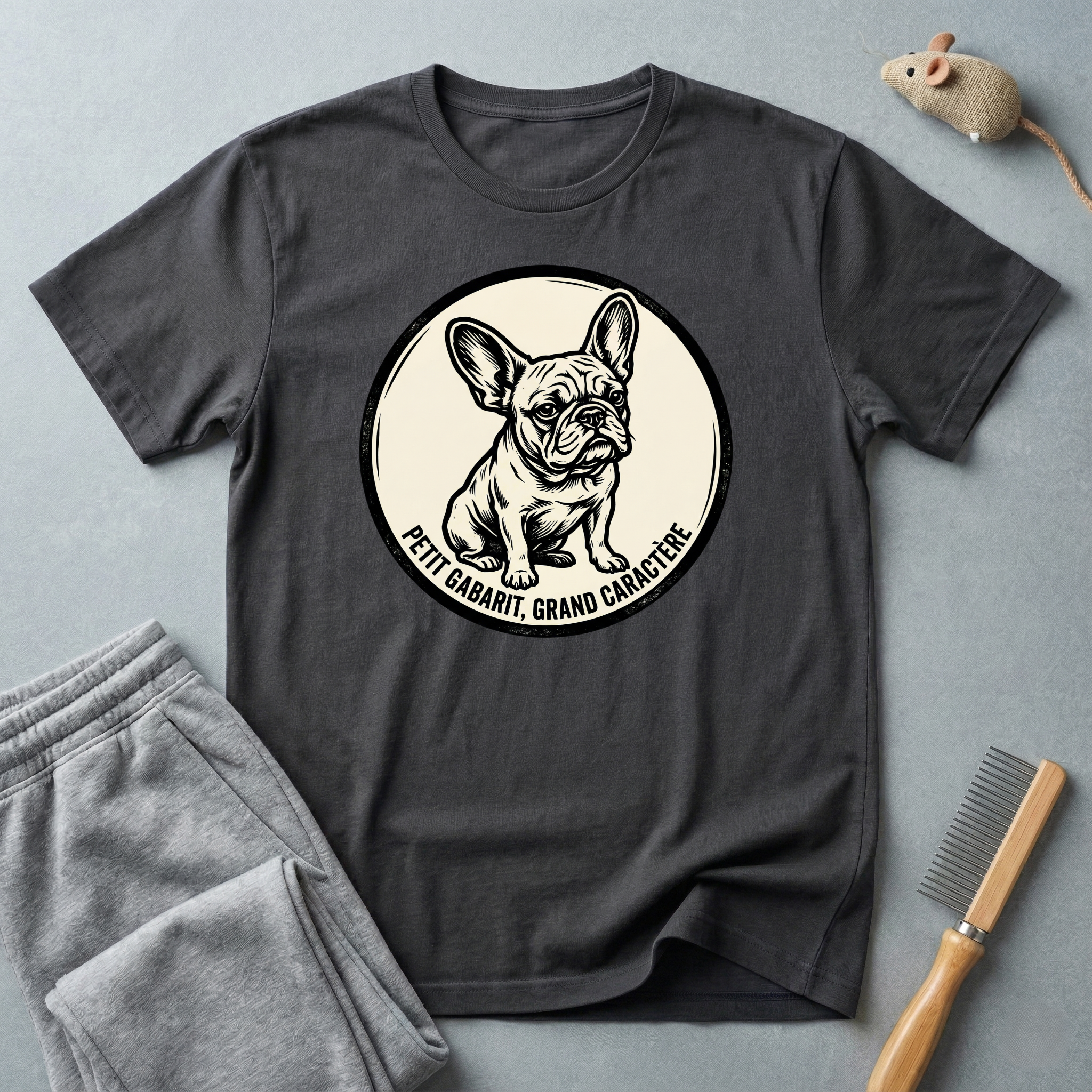 T-shirt graphique Bouledogue Français — «Courage mignon, grand caractère» Badge vintage