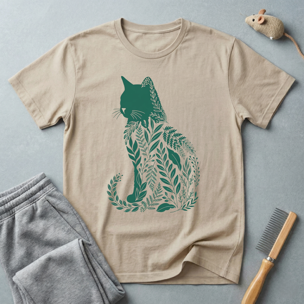 T-shirt à silhouette de chat — Motif de feuilles botaniques